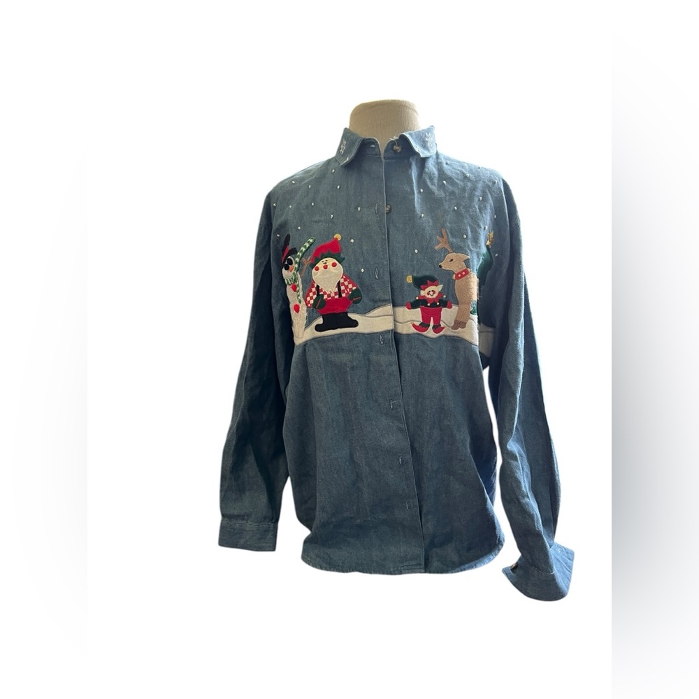 Vintage 90’s Embroidered Christmas Santa & friends denim button-up shirt sz L